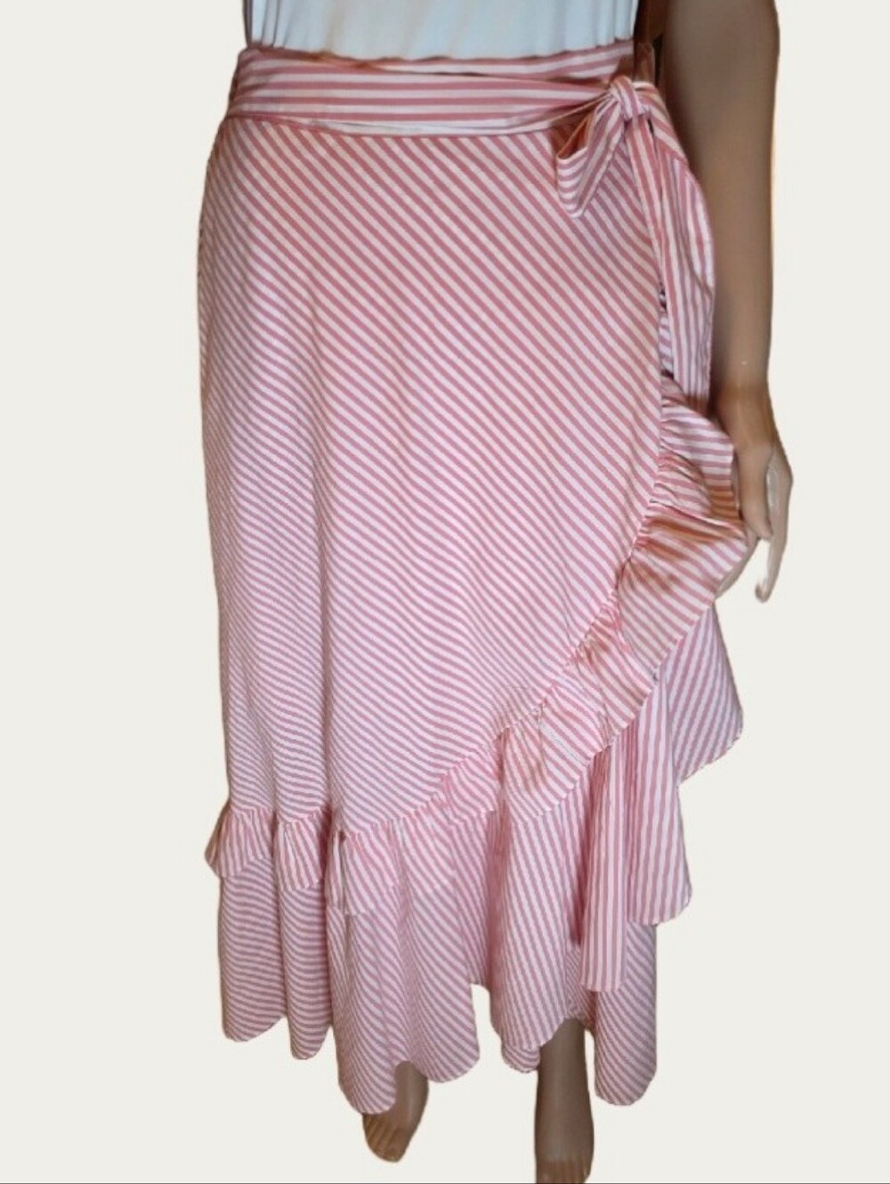 Maeve Anthropologie Penny Ruffled Wrap Midi Skirt Pink White Striped Sz S EUC - Picture 6 of 15